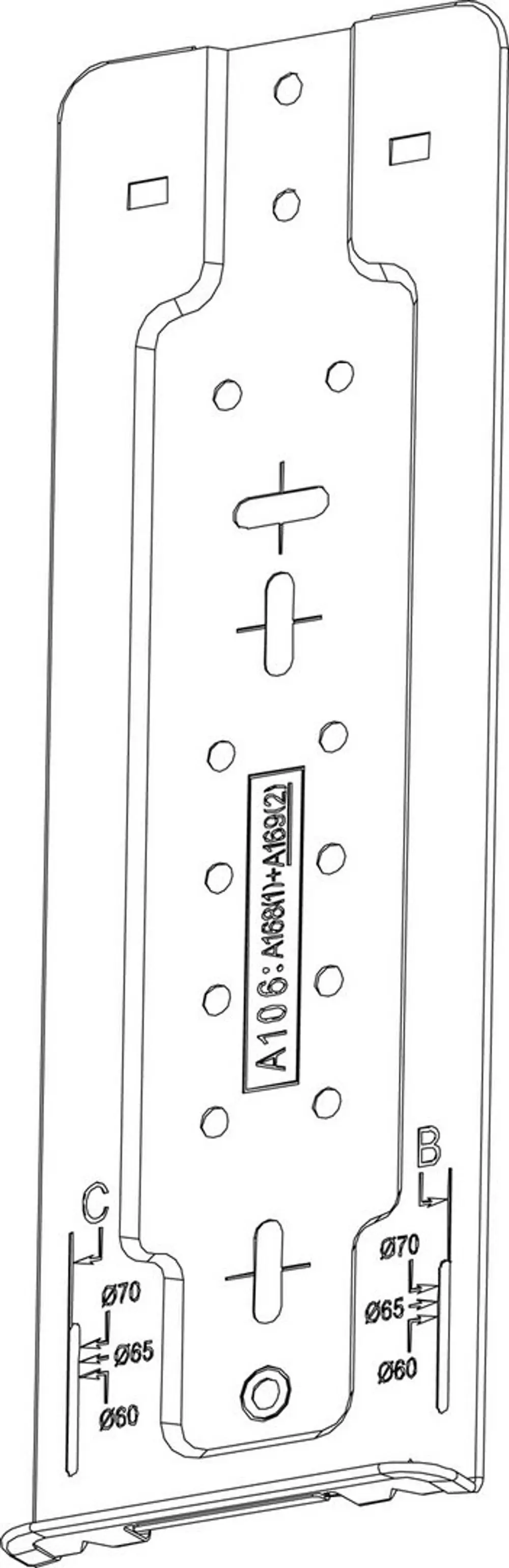 Montageplatte von Bosch mit mehreren Löchern und Linien. Die Platte zeigt unterschiedliche Durchmesserangaben für Schraubenpositionen und ist für befestigende Zwecke gestaltet.